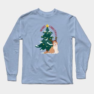 Merry Christmas Tree with Labradoodle Dog with Reindeer Ear Long Sleeve T-Shirt